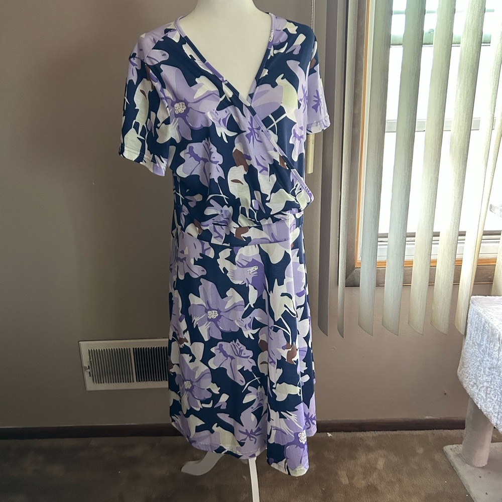 Purple and Blue Flutter Sleeve Wrap Midi Dress